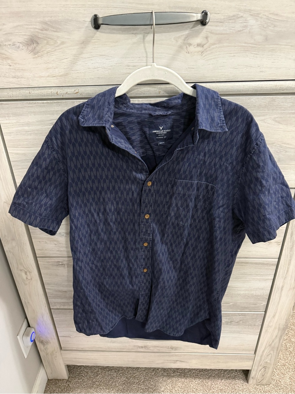 American Eagle Outfitters Dark Navy Patterned Short-Sleeve Button-Up Shirt